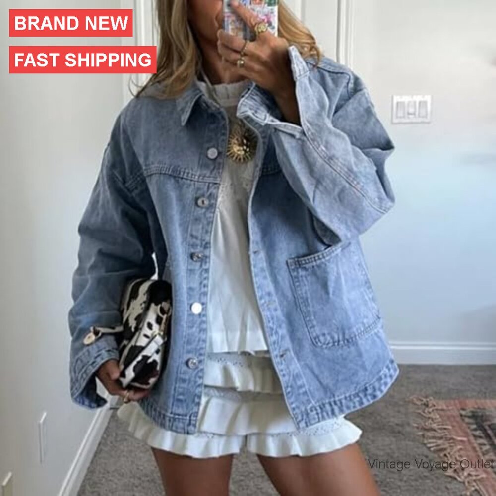 Oversized Denim Jacket with Pockets, Button Up Lo… - image 4